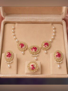 🎀 Retro Victorian Vintage Doll Style Gold, Pink & White Pearl Jewelry Set 🎀